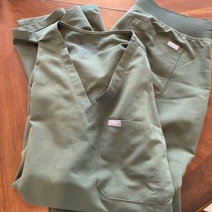 FIGS olive green scrub top and bottom, size medium